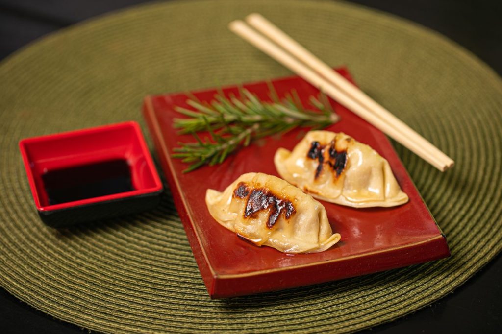 Mastering the First Impression: Your intriguing post title goes here Close-up of gyoza dumplings with soy sauce on a red plate. Perfect for Asian cuisine themes.